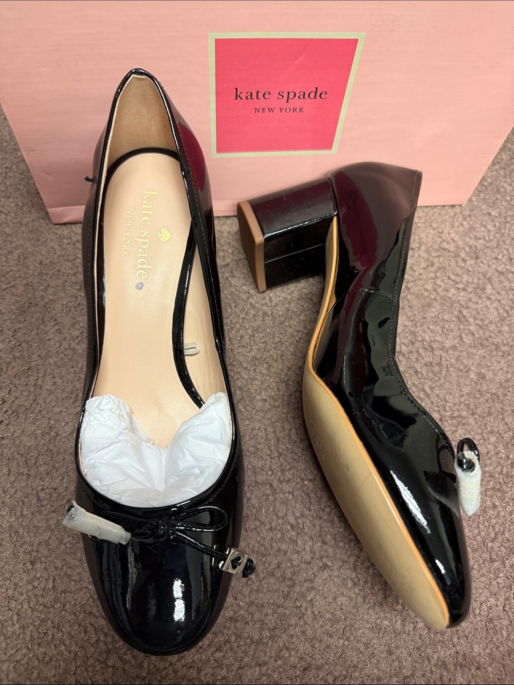 kate spade Black Patent Leather Mid Block Heel Pumps